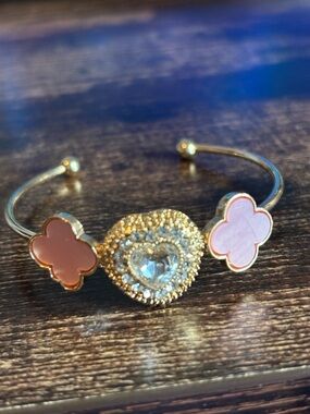 Gold Tone Pink Clover & Crystal Open Cuff Bracelet